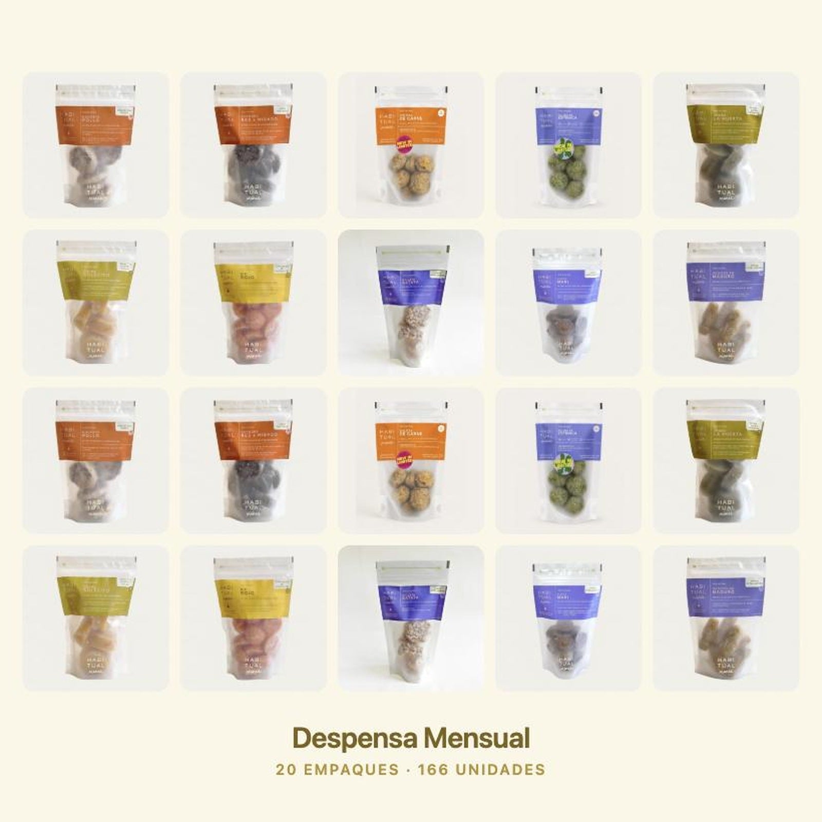 Despensa Mensual: veinte empaques Habitual Minis sobre fondo crema