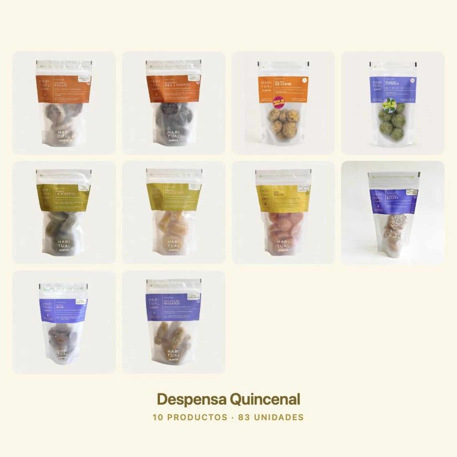 Despensa Quincenal: diez productos Habitual Minis sobre fondo crema