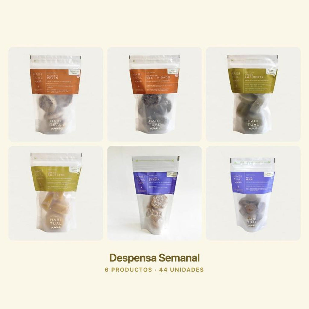 Despensa Semanal: seis productos Habitual Minis sobre fondo crema